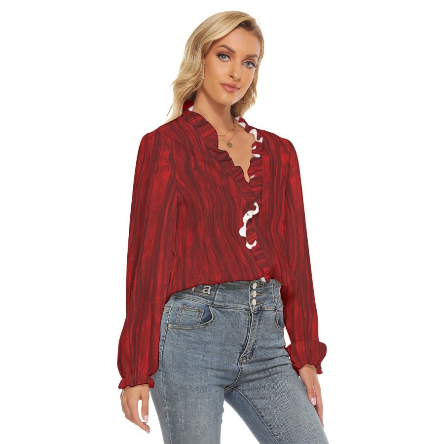 All-Over Print Women's Pleated Collar V-neck Shirt - Image 3