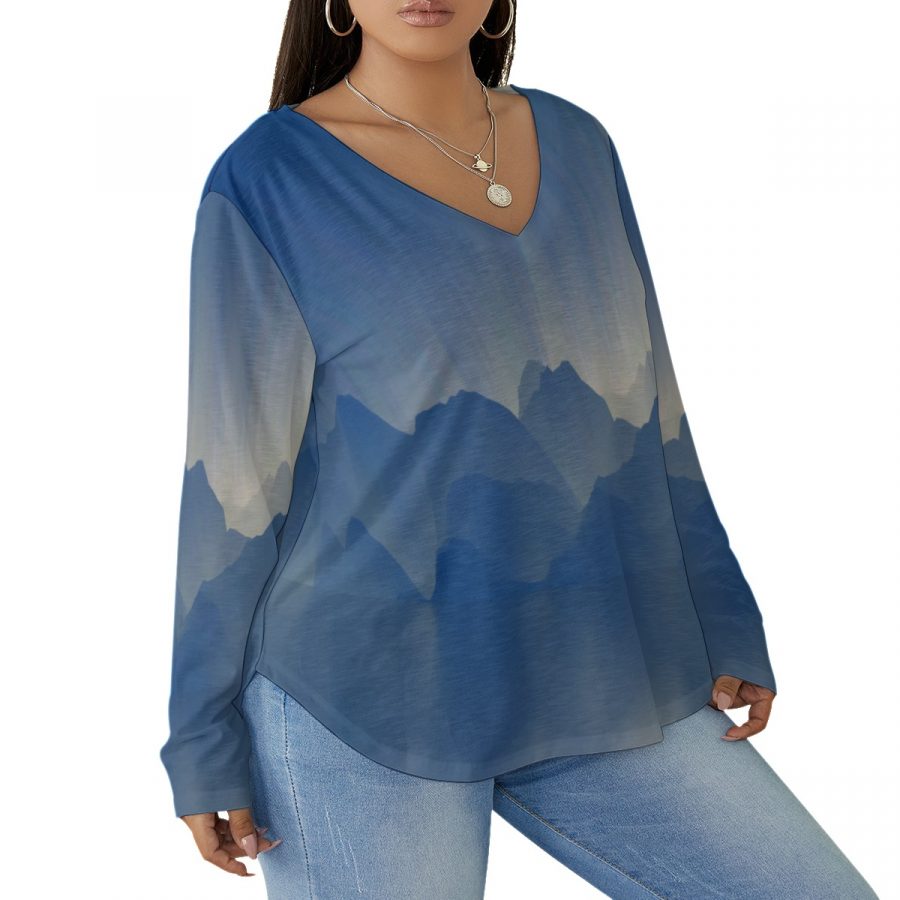 All-Over Print Women's V-neck T-shirt With Curved Hem(Plus Size) - Image 3