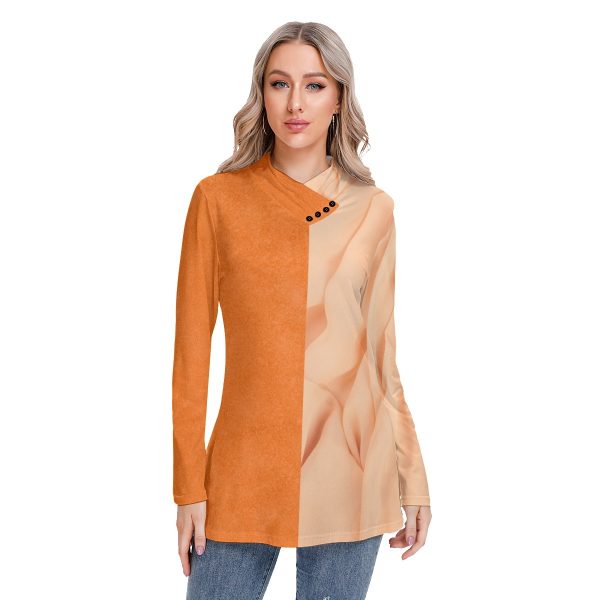 All-Over Print Women's Long-sleeved Heap-neck Slim Casual Tunic Blouse