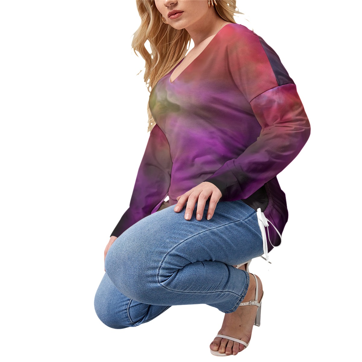 All-Over Print Women’s V-neck T-shirt With Side Drawstring(Plus Size) - Image 3