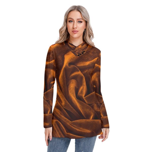All-Over Print Women's Long-sleeved Heap-neck Slim Casual Tunic Blouse