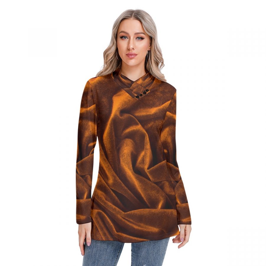 All-Over Print Women's Long-sleeved Heap-neck Slim Casual Tunic Blouse