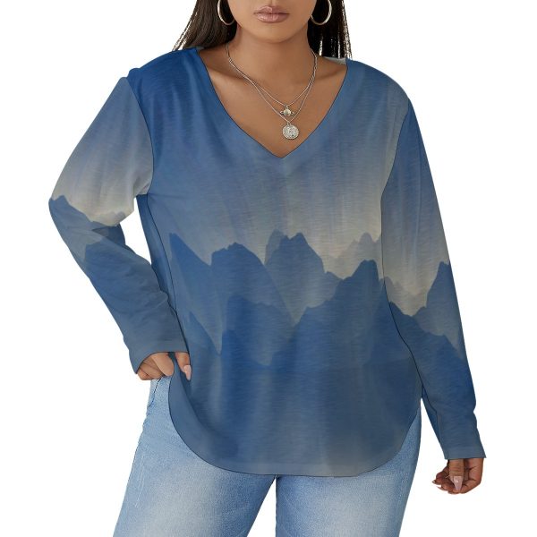 All-Over Print Women's V-neck T-shirt With Curved Hem(Plus Size)