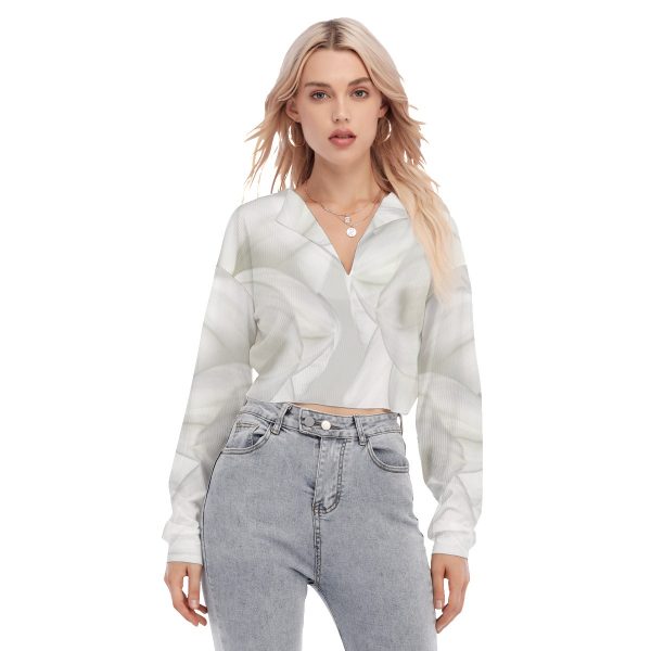 All-Over Print Women's V-neck Lapel Long Sleeve Cropped T-shirt