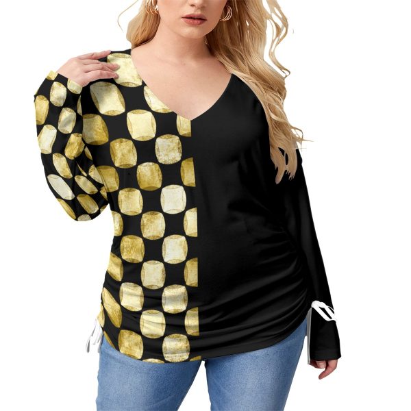All-Over Print Women’s V-neck T-shirt With Side Drawstring(Plus Size)
