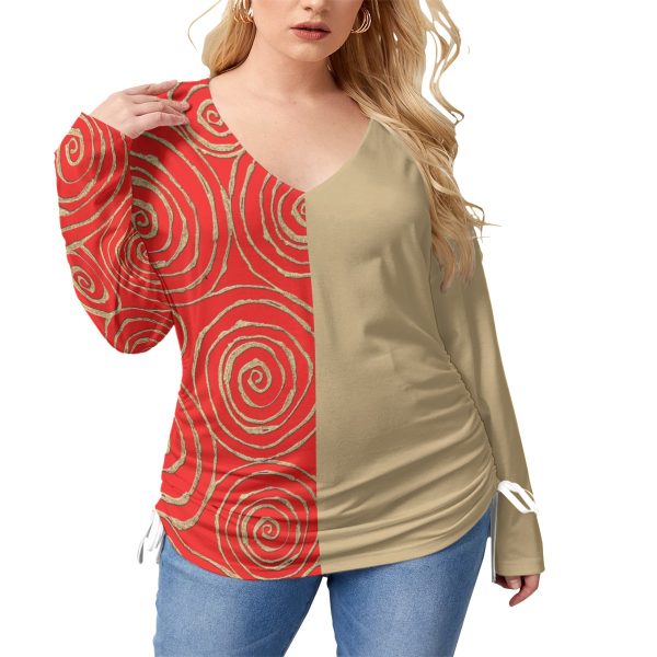 All-Over Print Women’s V-neck T-shirt With Side Drawstring(Plus Size)