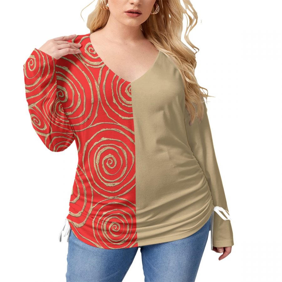 All-Over Print Women’s V-neck T-shirt With Side Drawstring(Plus Size)