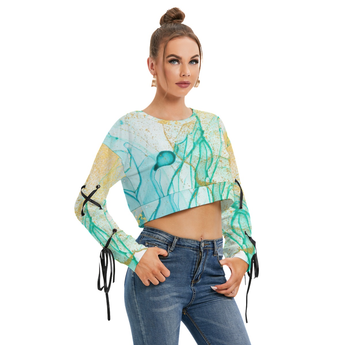 All-Over Print Women's Long Sleeve Cropped Sweatshirt With Lace up - Image 2