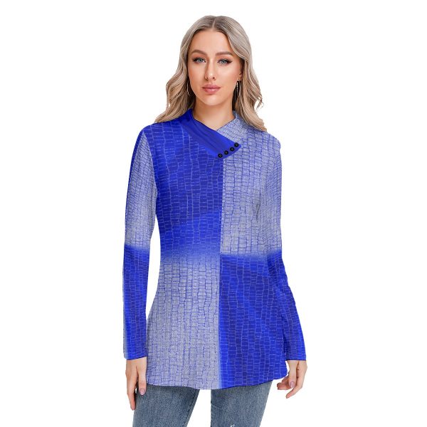 All-Over Print Women's Long-sleeved Heap-neck Slim Casual Tunic Blouse