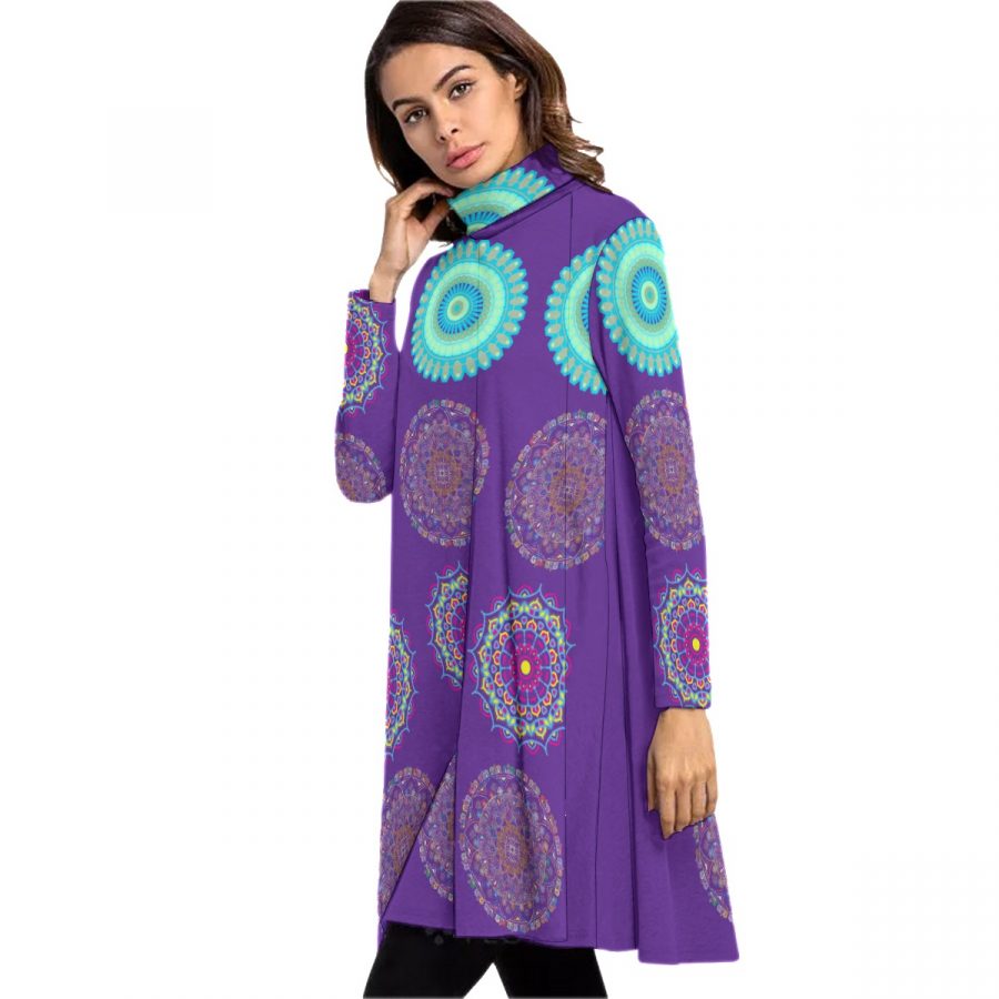 All-Over Print Women's High Neck Dress With Long Sleeve - Image 3