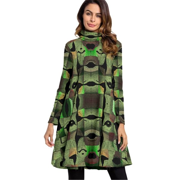 All-Over Print Women's High Neck Dress With Long Sleeve