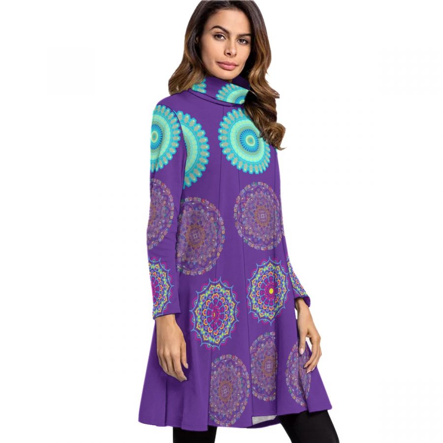 All-Over Print Women's High Neck Dress With Long Sleeve - Image 2