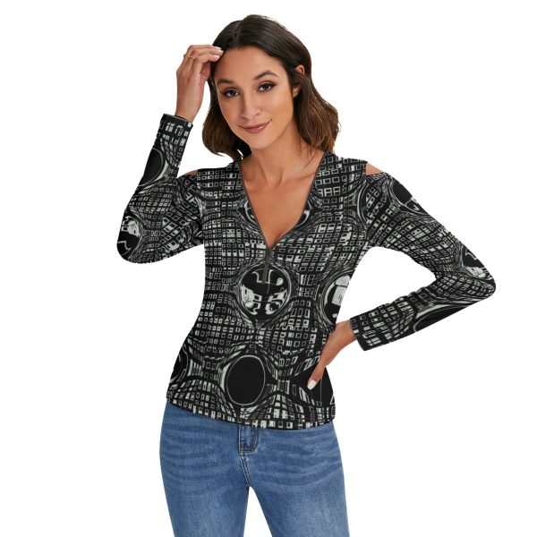 All-Over Print Women's Cold Shoulder Half Zip V-Neck Blouse