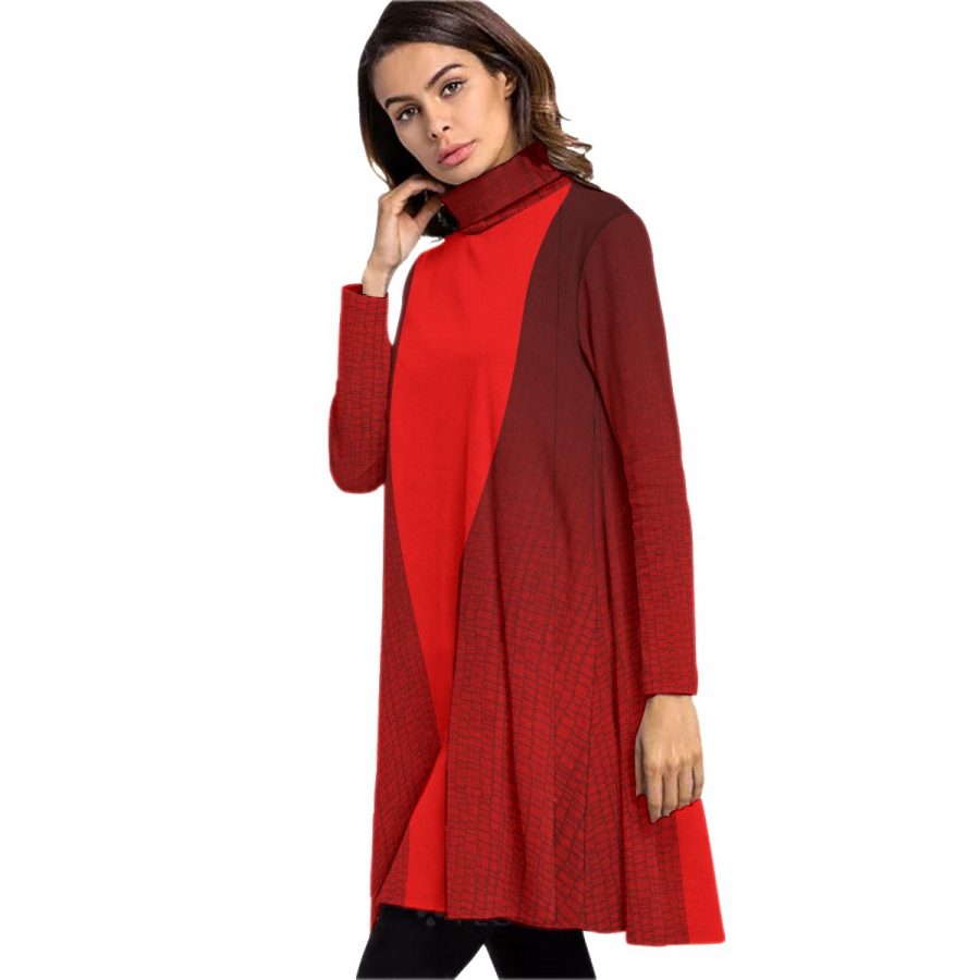 All-Over Print Women's High Neck Dress With Long Sleeve - Image 3