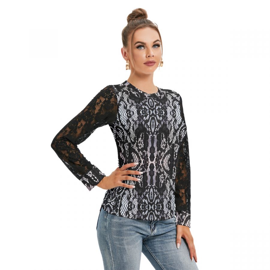 All-Over Print Women's T-shirt And Sleeve With Black Lace - Image 3