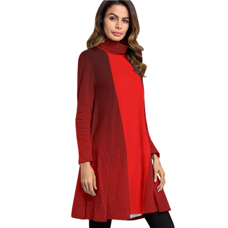 All-Over Print Women's High Neck Dress With Long Sleeve - Image 2