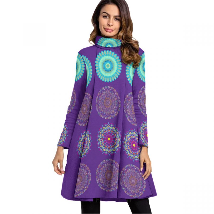All-Over Print Women's High Neck Dress With Long Sleeve