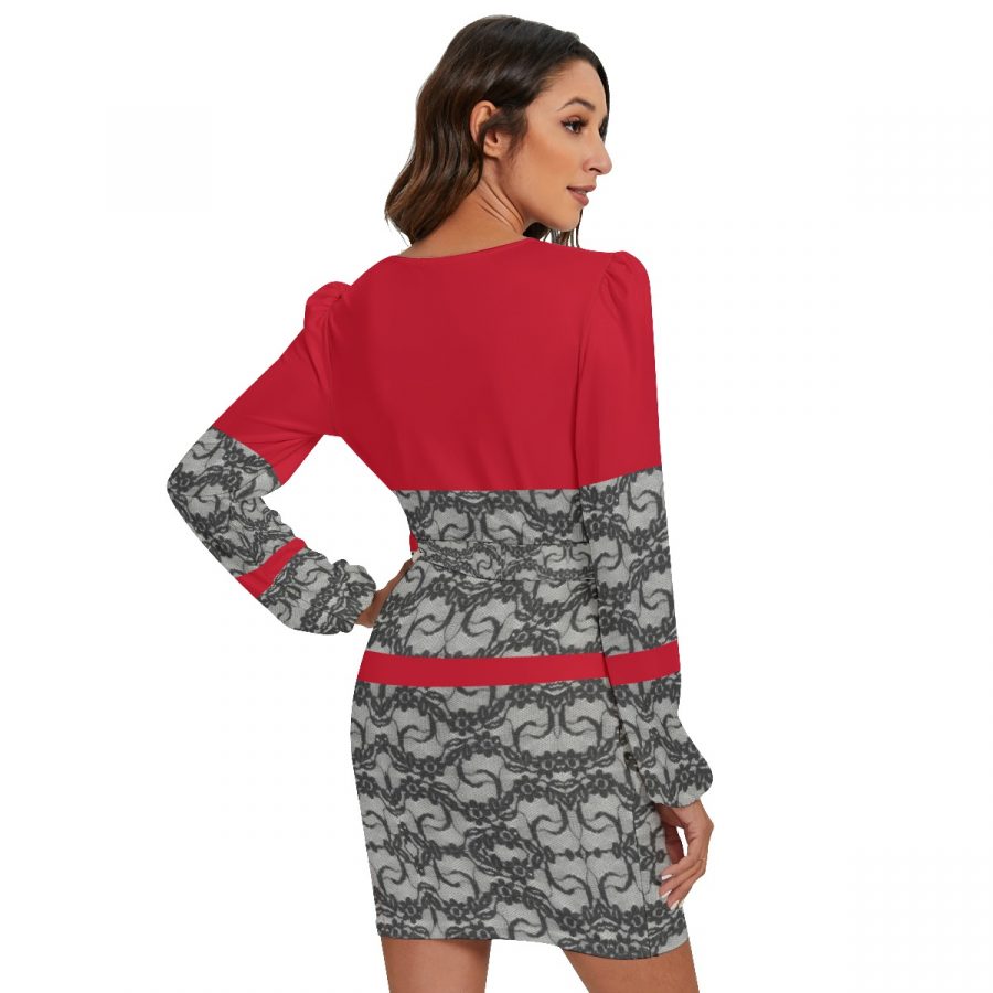 All-Over Print Women's Long Sleeve Dress With Waist Belt - Image 3