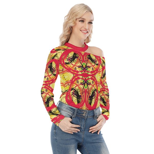 All-Over Print Women's Off-shoulder Knitted Long-Sleeves T-shirt