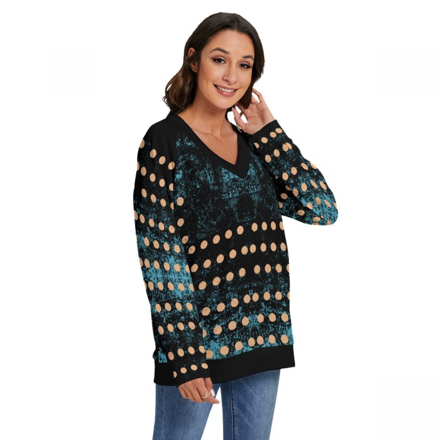 All-Over Print Women's V-neck Imitation Knitted Sweater With Long Sleeve - Image 2