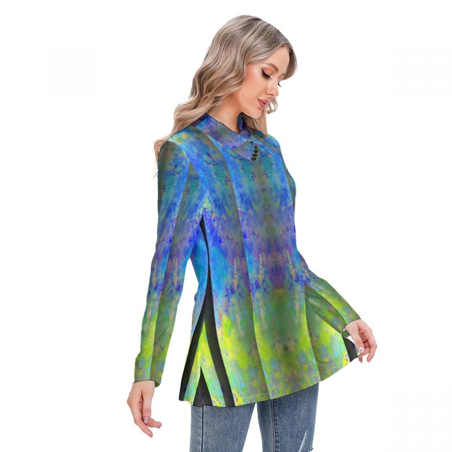 All-Over Print Women's Long-sleeved Heap-neck Slim Casual Tunic Blouse - Image 3