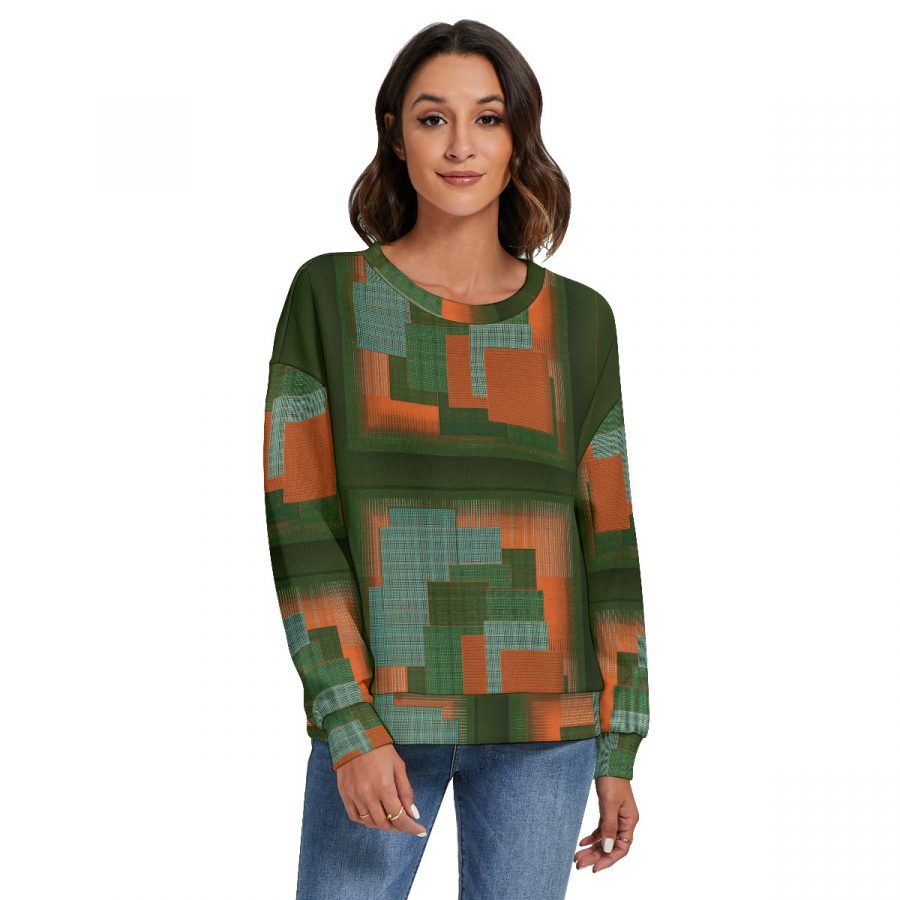 All-Over Print Women's O-neck Imitation Knitted Sweater With Drop-shoulder
