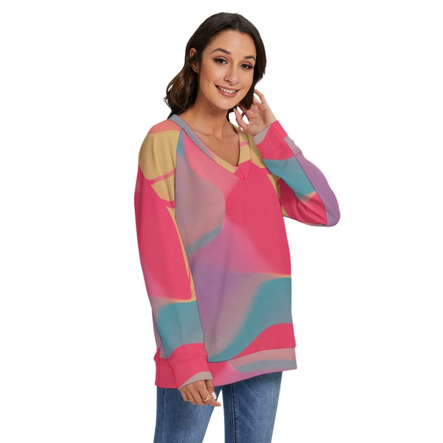 All-Over Print Women's V-neck Imitation Knitted Sweater With Long Sleeve - Image 2