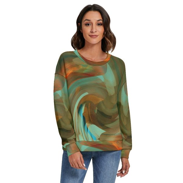 All-Over Print Women's O-neck Imitation Knitted Sweater With Drop-shoulder