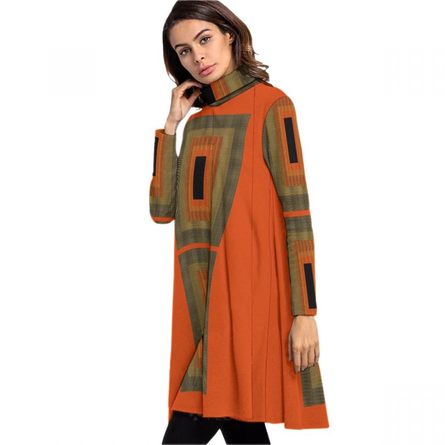 All-Over Print Women's High Neck Dress With Long Sleeve - Image 3