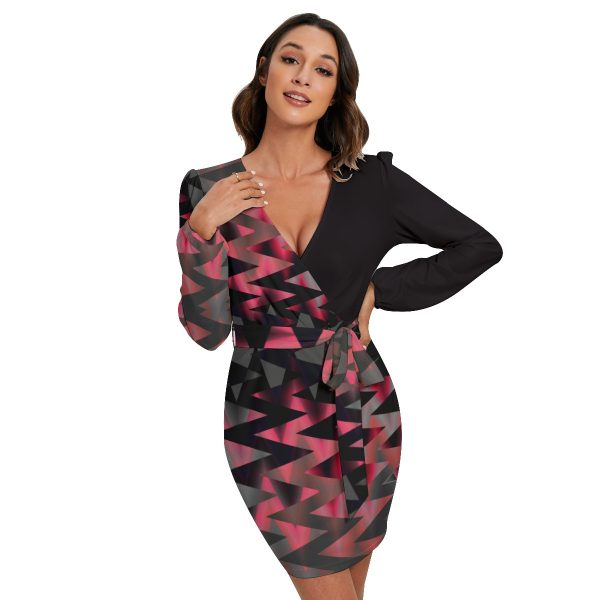 All-Over Print Women's Long Sleeve Dress With Waist Belt