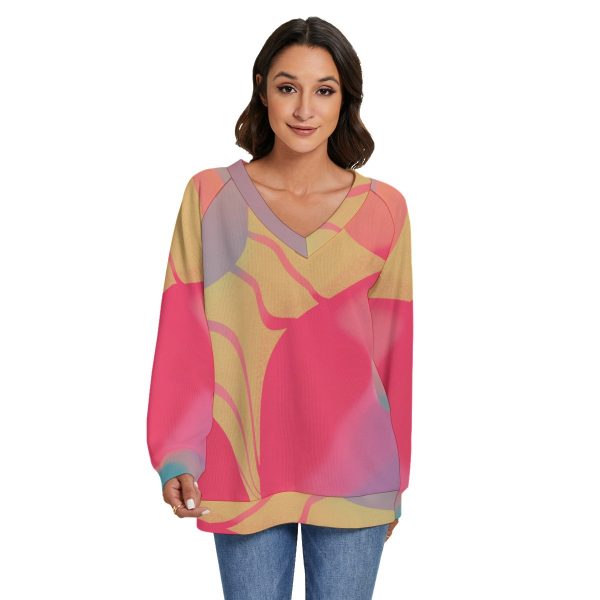 All-Over Print Women's V-neck Imitation Knitted Sweater With Long Sleeve