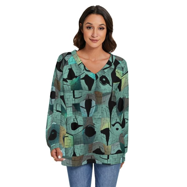 All-Over Print Women's V-neck Imitation Knitted Sweater With Long Sleeve