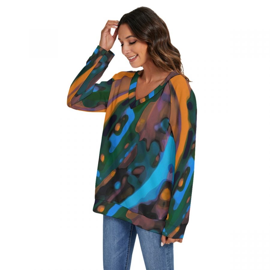 All-Over Print Women's V-neck Imitation Knitted Sweater With Long Sleeve - Image 3