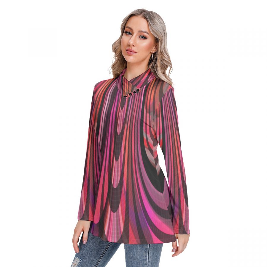 All-Over Print Women's Long-sleeved Heap-neck Slim Casual Tunic Blouse - Image 2