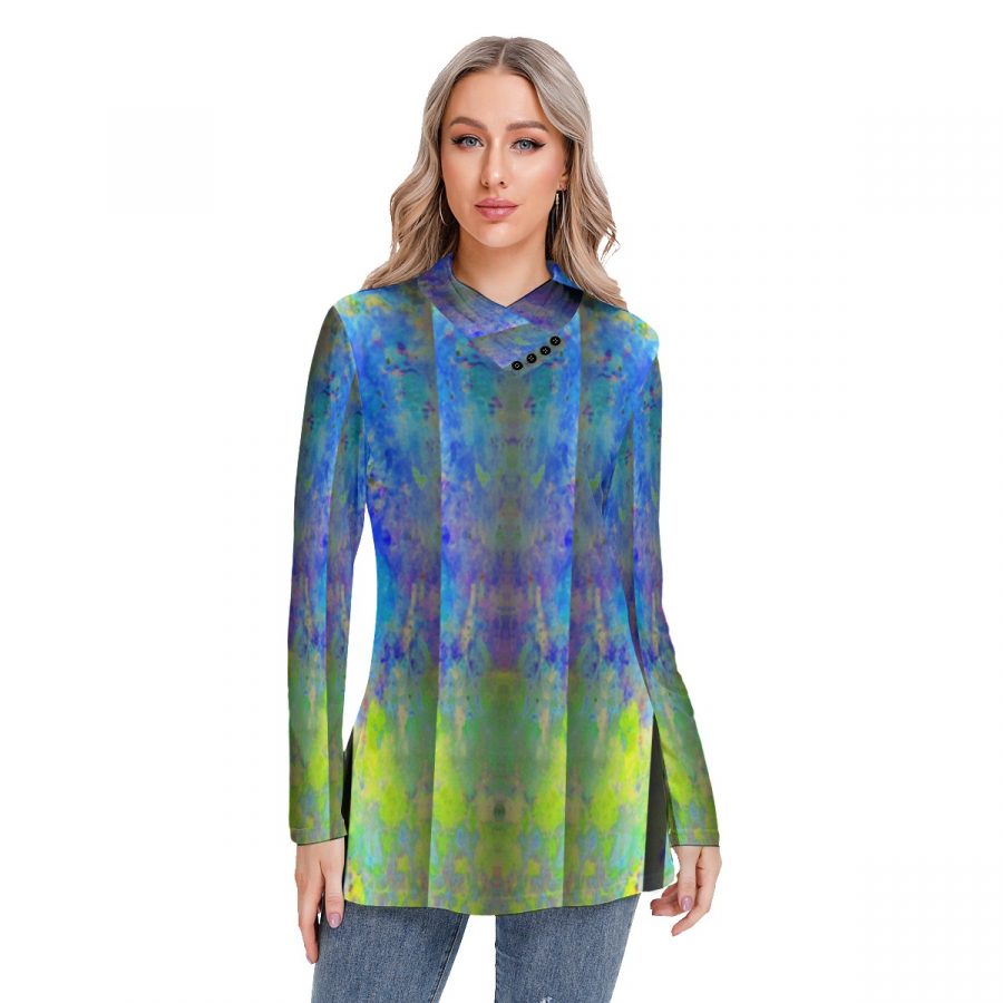All-Over Print Women's Long-sleeved Heap-neck Slim Casual Tunic Blouse
