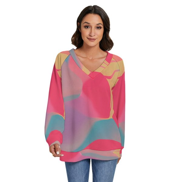 All-Over Print Women's V-neck Imitation Knitted Sweater With Long Sleeve