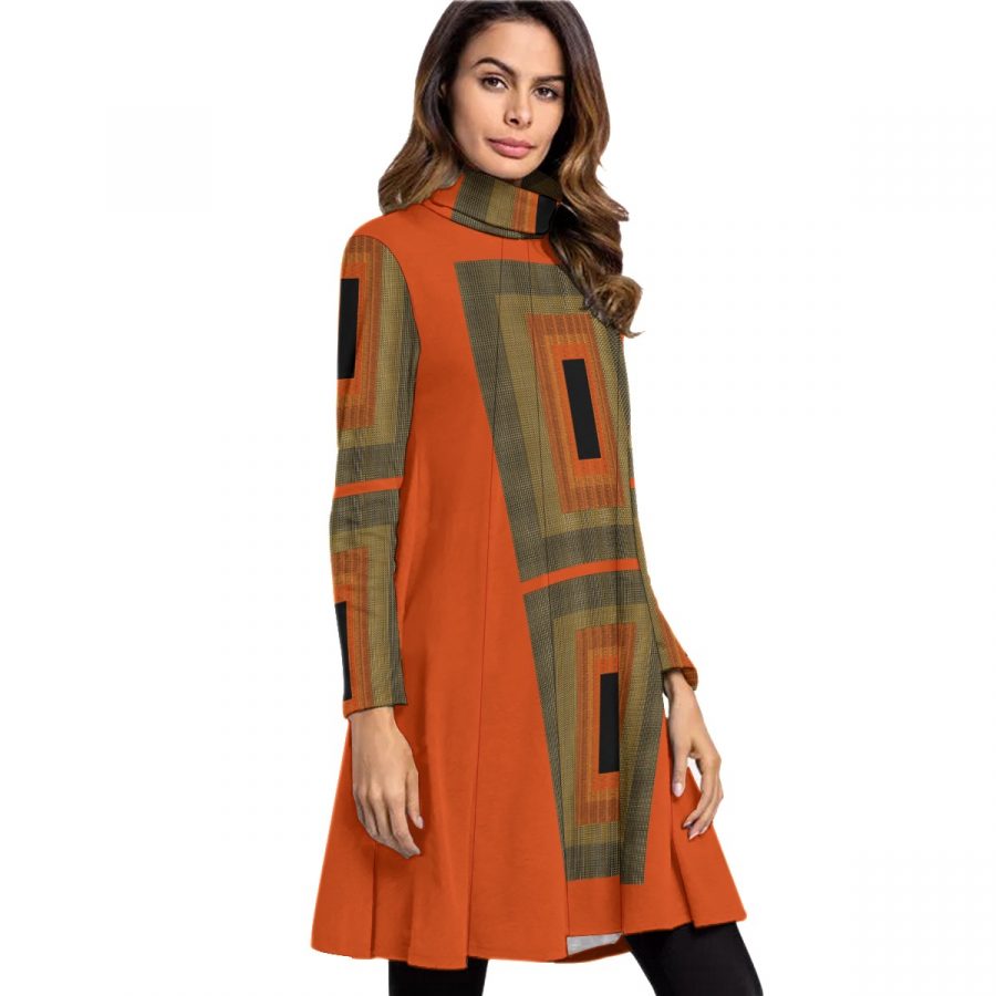 All-Over Print Women's High Neck Dress With Long Sleeve - Image 2