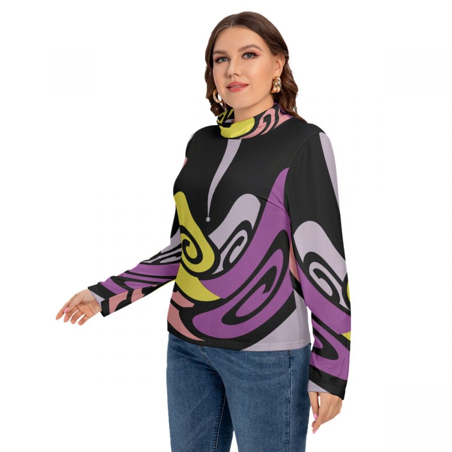 All-Over Print Women's Turtleneck T-shirt With Long Sleeve(Plus Size) - Image 2