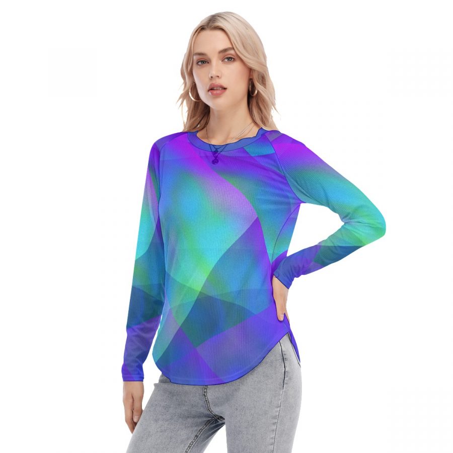 All-Over Print Women's Raglan Sleeves U-Shaped Hem Long Sleeves Blouse - Image 2