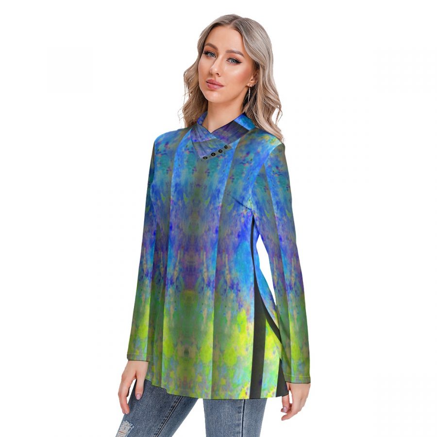 All-Over Print Women's Long-sleeved Heap-neck Slim Casual Tunic Blouse - Image 2