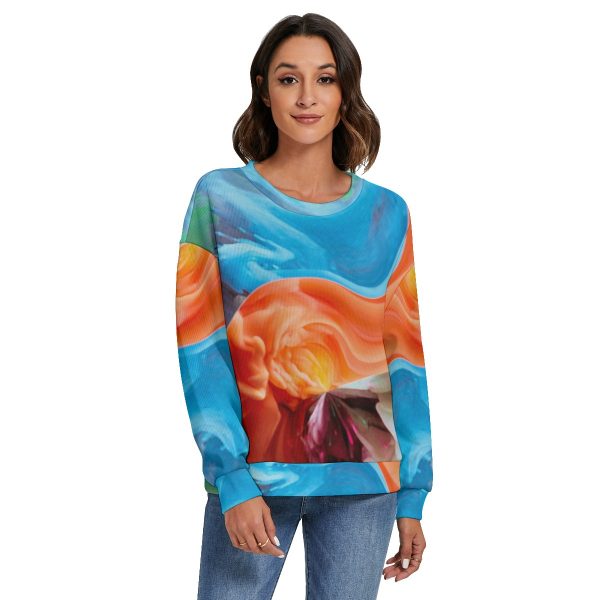 All-Over Print Women's O-neck Imitation Knitted Sweater With Drop-shoulder