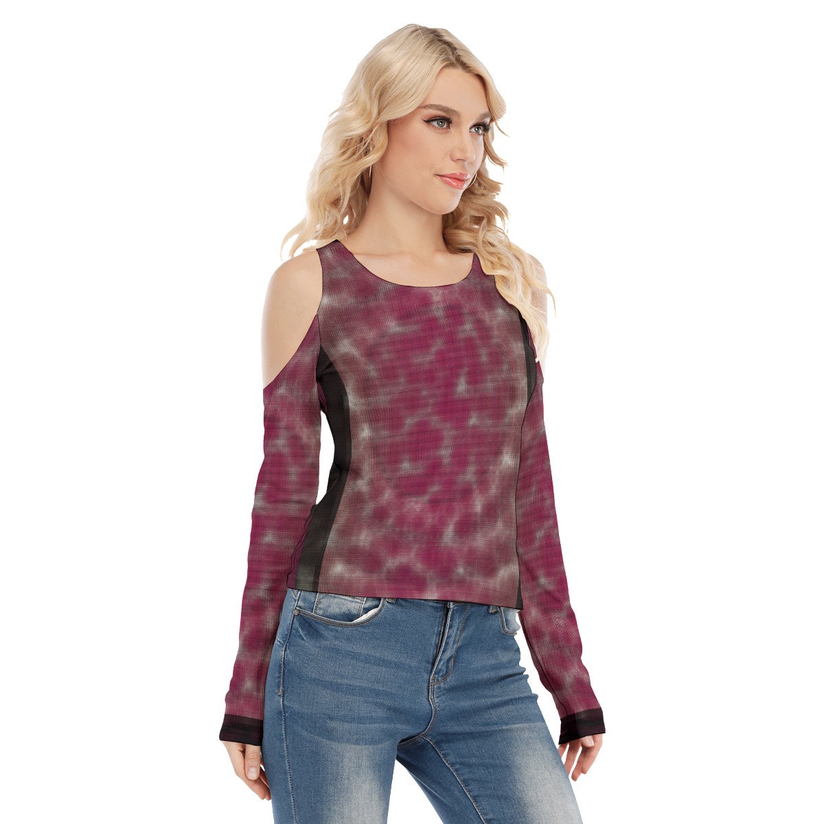 All-Over Print Women's Cold Shoulder Round Neck Long Sleeves Blouse - Image 2
