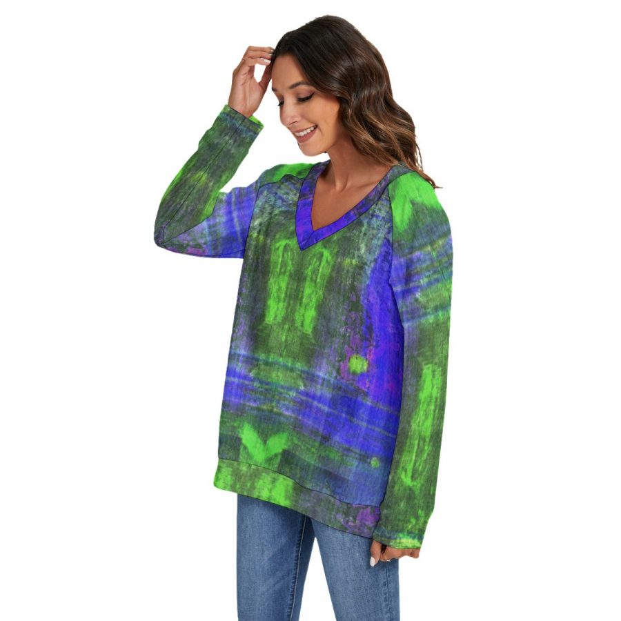 All-Over Print Women's V-neck Imitation Knitted Sweater With Long Sleeve - Image 3