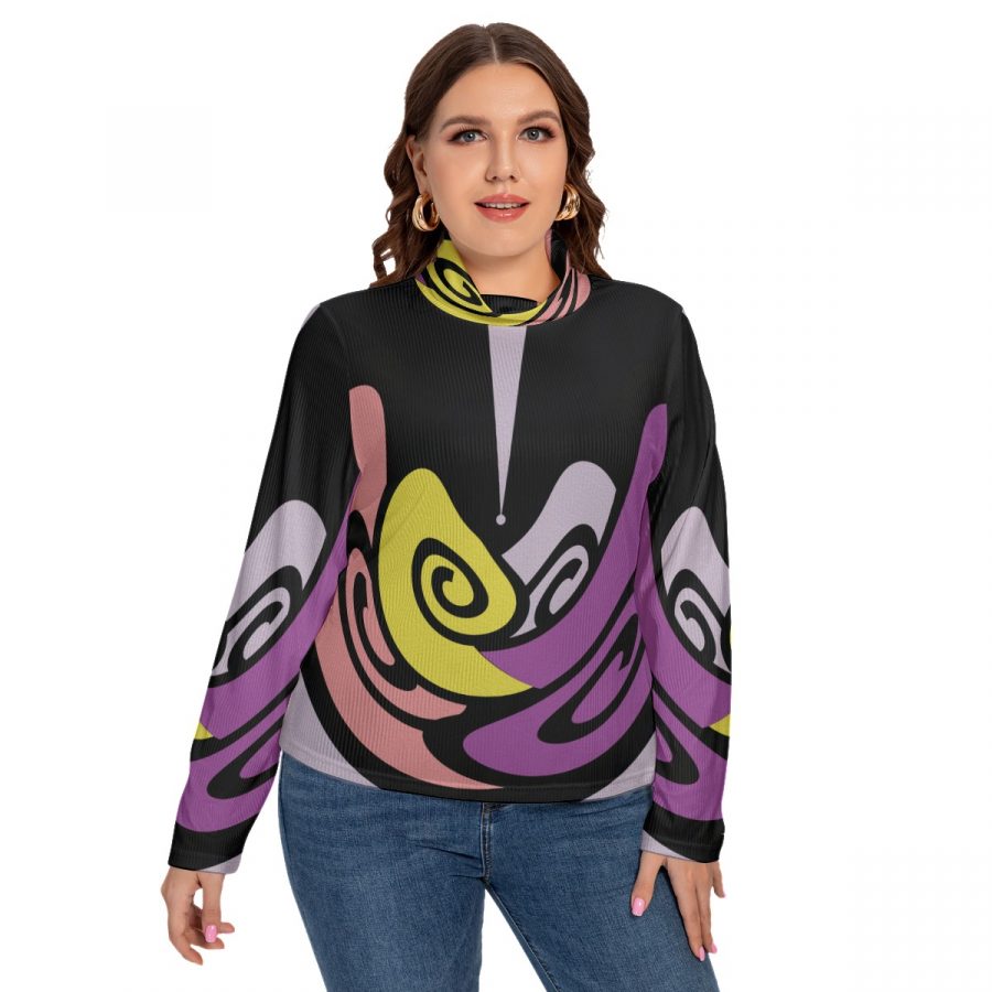 All-Over Print Women's Turtleneck T-shirt With Long Sleeve(Plus Size)