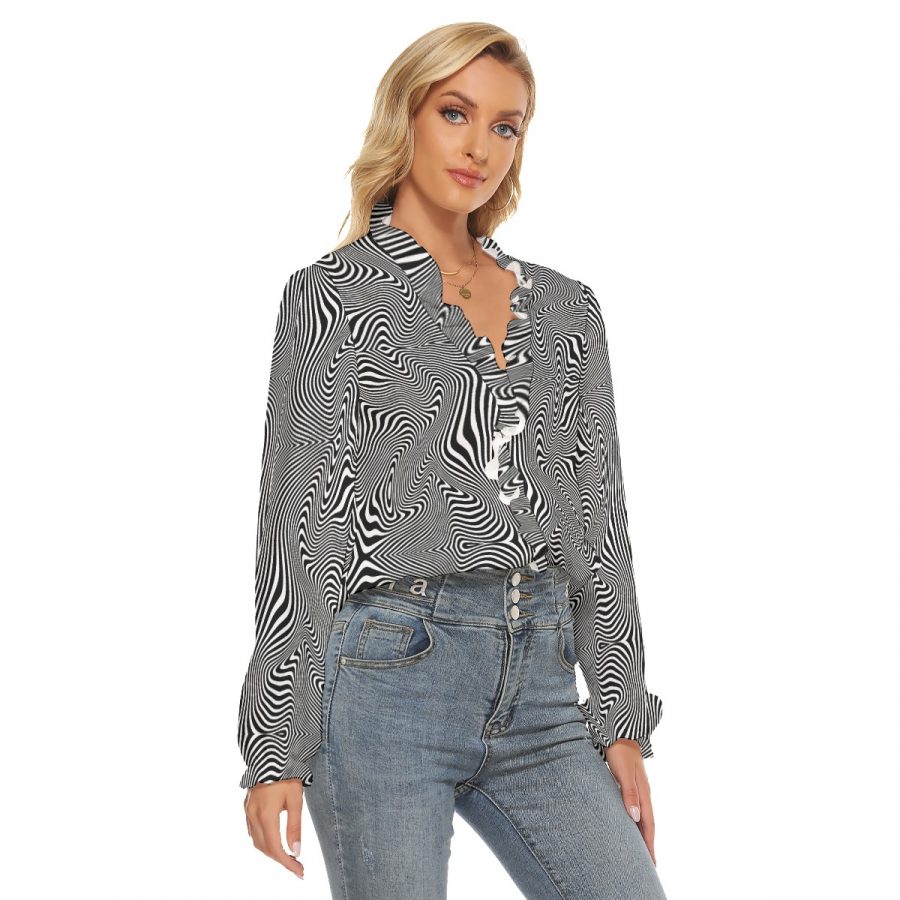 All-Over Print Women's Pleated Collar V-neck Shirt - Image 3
