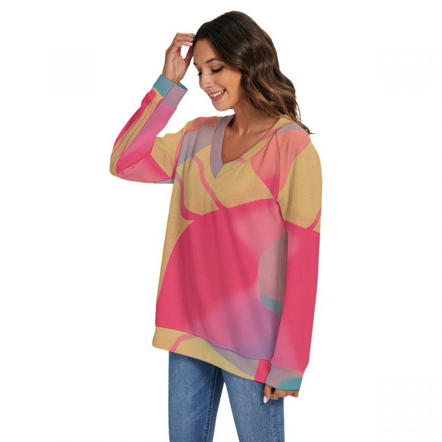 All-Over Print Women's V-neck Imitation Knitted Sweater With Long Sleeve - Image 3