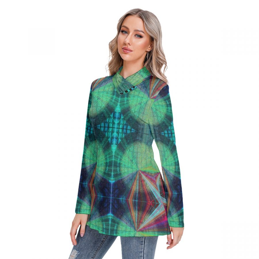 All-Over Print Women's Long-sleeved Heap-neck Slim Casual Tunic Blouse - Image 2