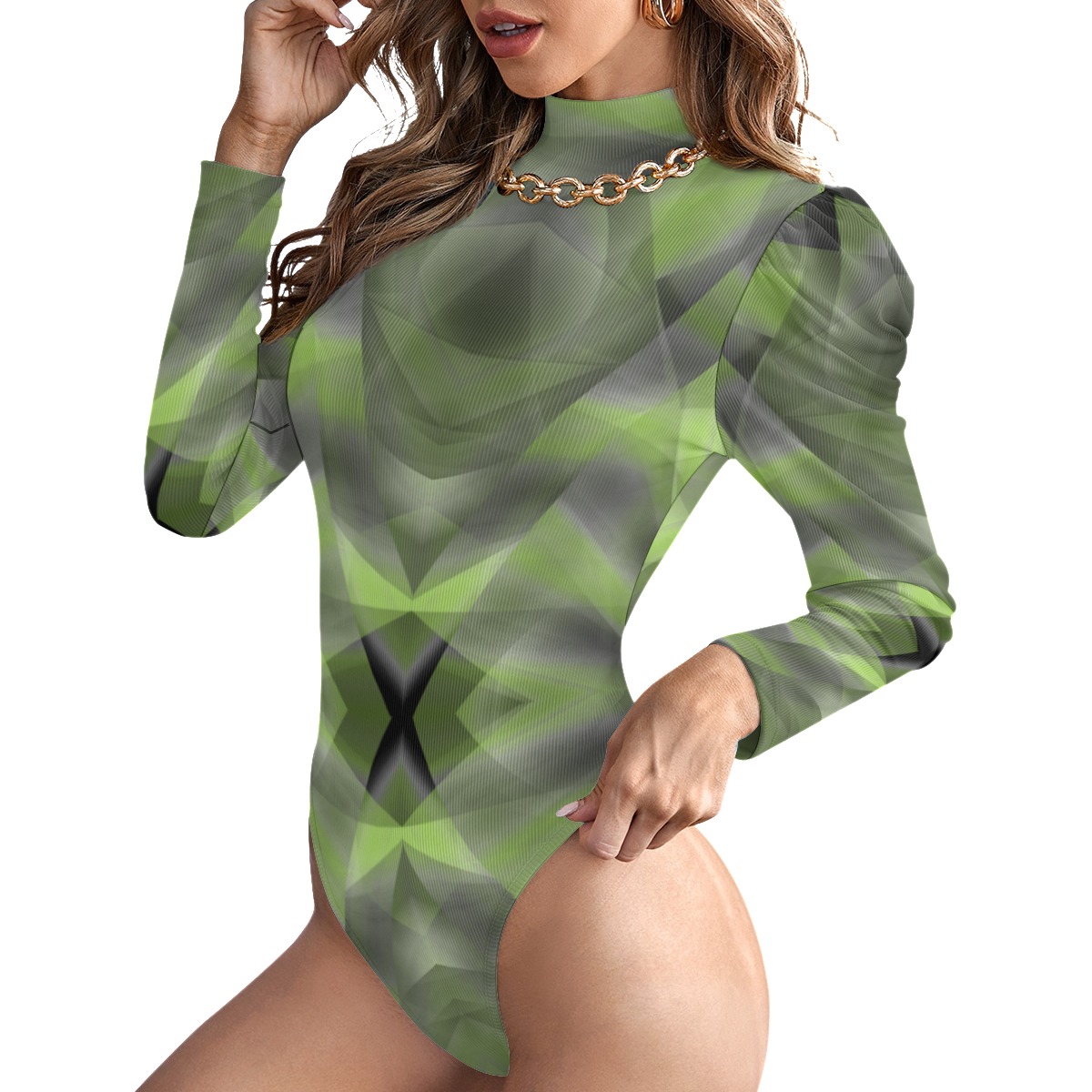 All-Over Women's Turtleneck Bodysuit With Puff Sleeve - Image 2