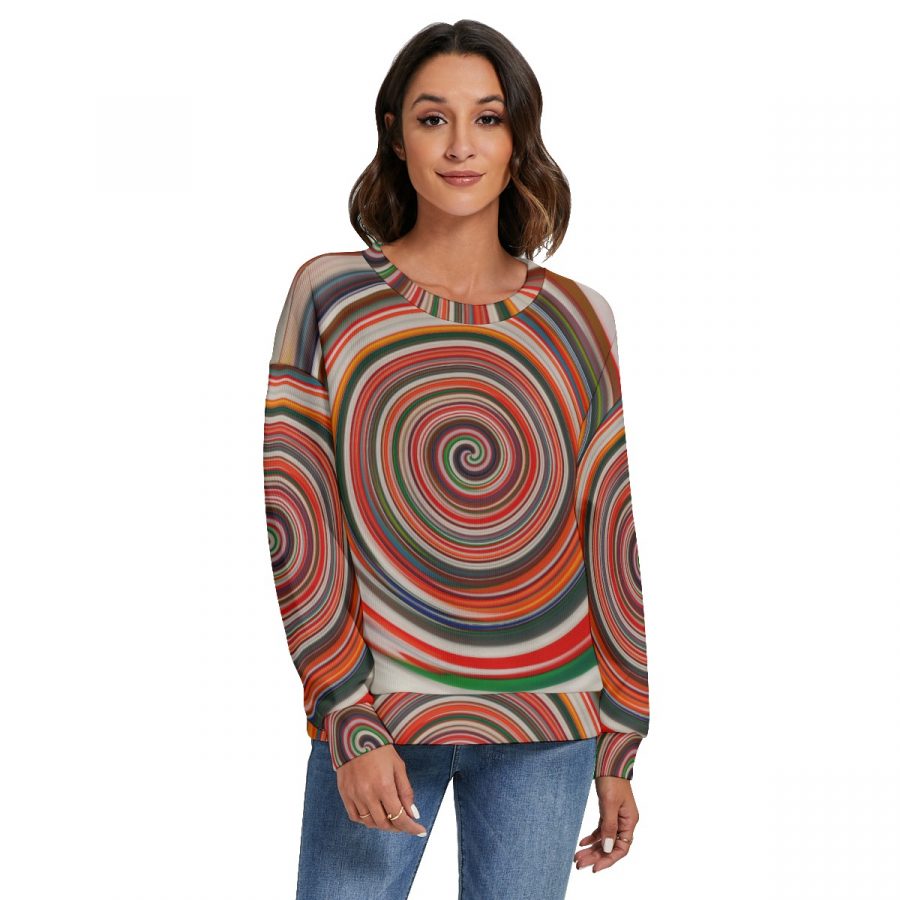 All-Over Print Women's O-neck Imitation Knitted Sweater With Drop-shoulder