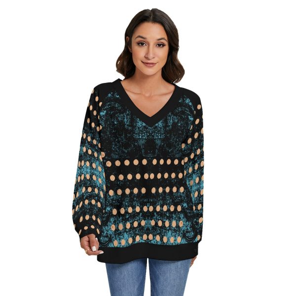 All-Over Print Women's V-neck Imitation Knitted Sweater With Long Sleeve